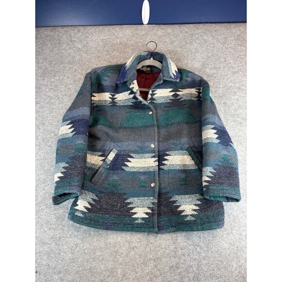 Vintage 90s Braetan Geometric Cardigan Womens Large Blue Snap Button Preppy - Picture 2 of 6